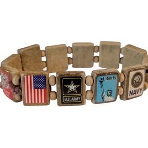 American Patriotic Military Bracelet Wooden Block Style Stretch Wrist Story
